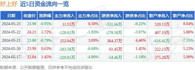 股票行情快报：好上好（001298）5月23日主力资金净买入11.53万元