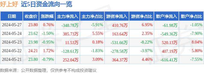 股票行情快报：好上好（001298）5月27日主力资金净卖出348.78万元