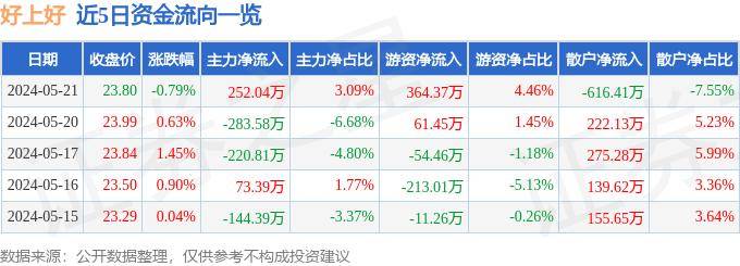 股票行情快报：好上好（001298）5月21日主力资金净买入252.04万元