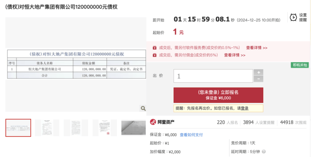 1元起拍<strong></p>
<p>物联网</strong>，恒大地产集团1.2亿元债权拍卖参与者众多