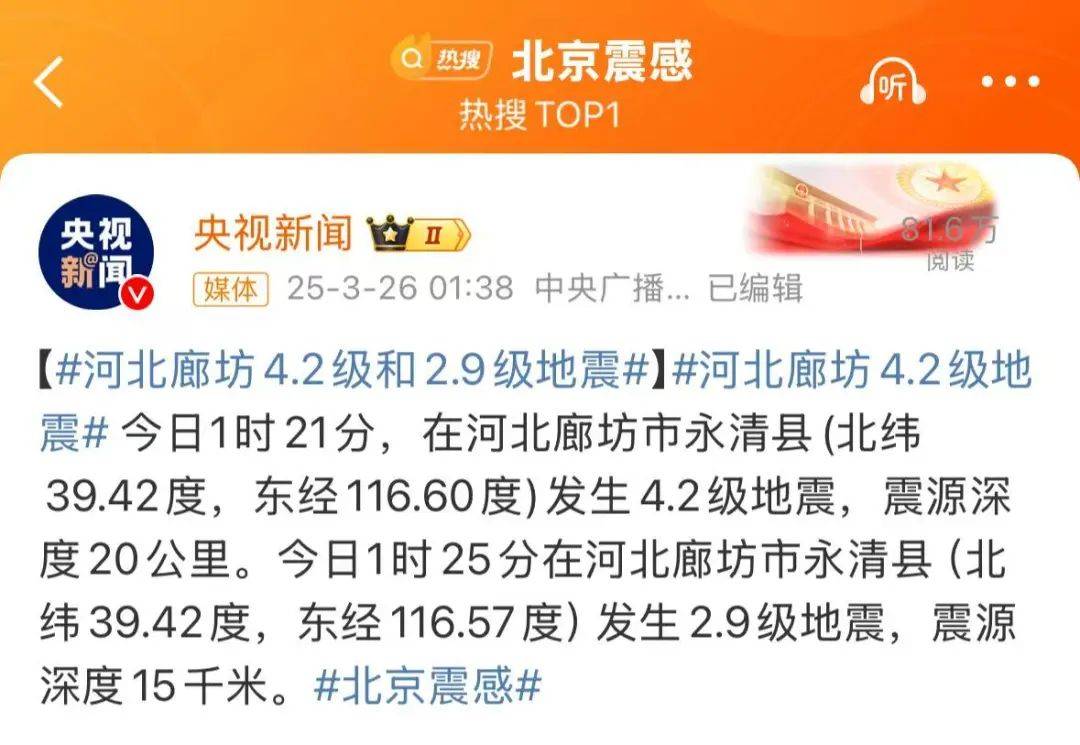 震醒了<strong></p>
<p>周大福股票</strong>！“北京震感”热搜第一！河北廊坊凌晨2次地震