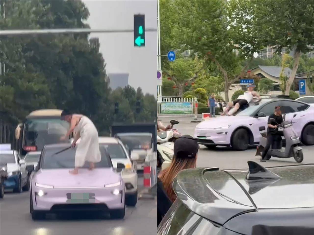 女子持械当街打砸多辆轿车<strong></p>
<p>国美</strong>，被顶在挡风玻璃上前行，当地：女子当场被控制，警方介入调查