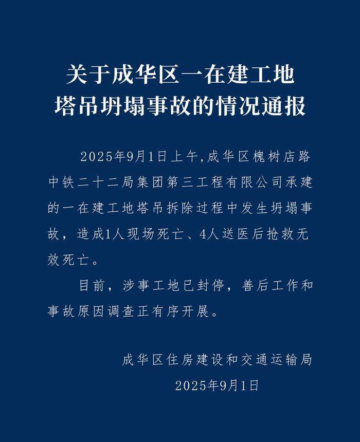 成都成华区：中铁二十二局一在建工地塔吊坍塌致5人遇难<strong></p>
<p>柴犬币</strong>，涉事工地已封停