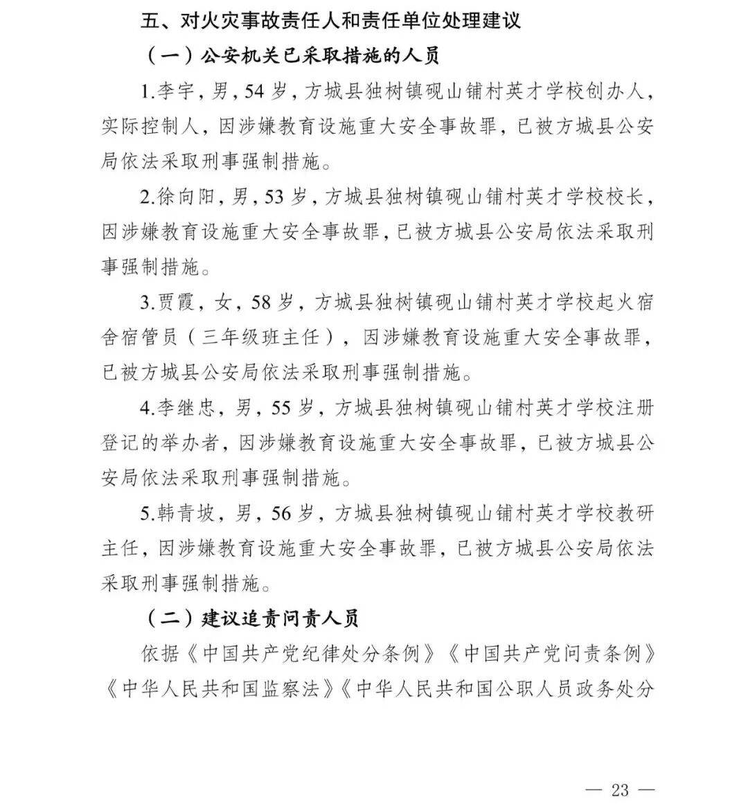 副市长、县委书记、县长、市教育局局长等25人被处理，方城县英才学校重大火灾事故问责名单公布
